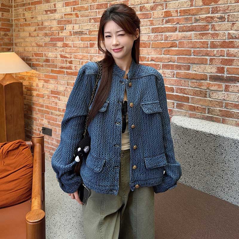 デニム風ノーカラージャケット