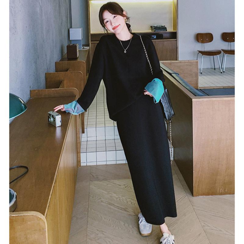 スウェットバイカラートップス×スカートセット