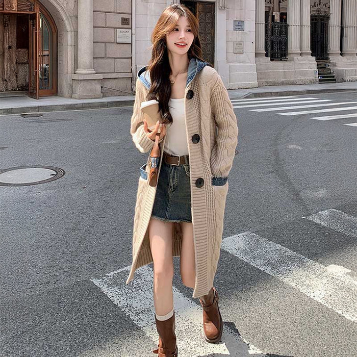 フード付きケーブルロングカーディガン