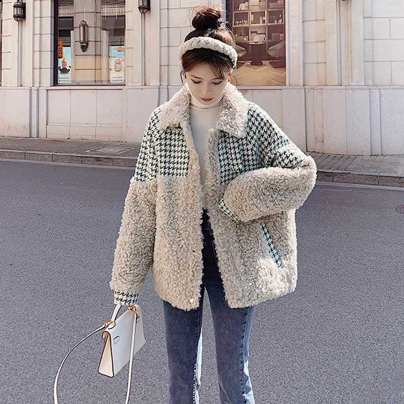 千鳥格子切り替えボアコート