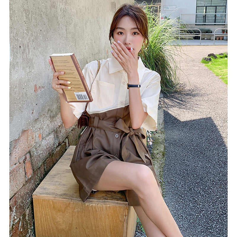 バイカラーウエストリボン ショートオールインワン