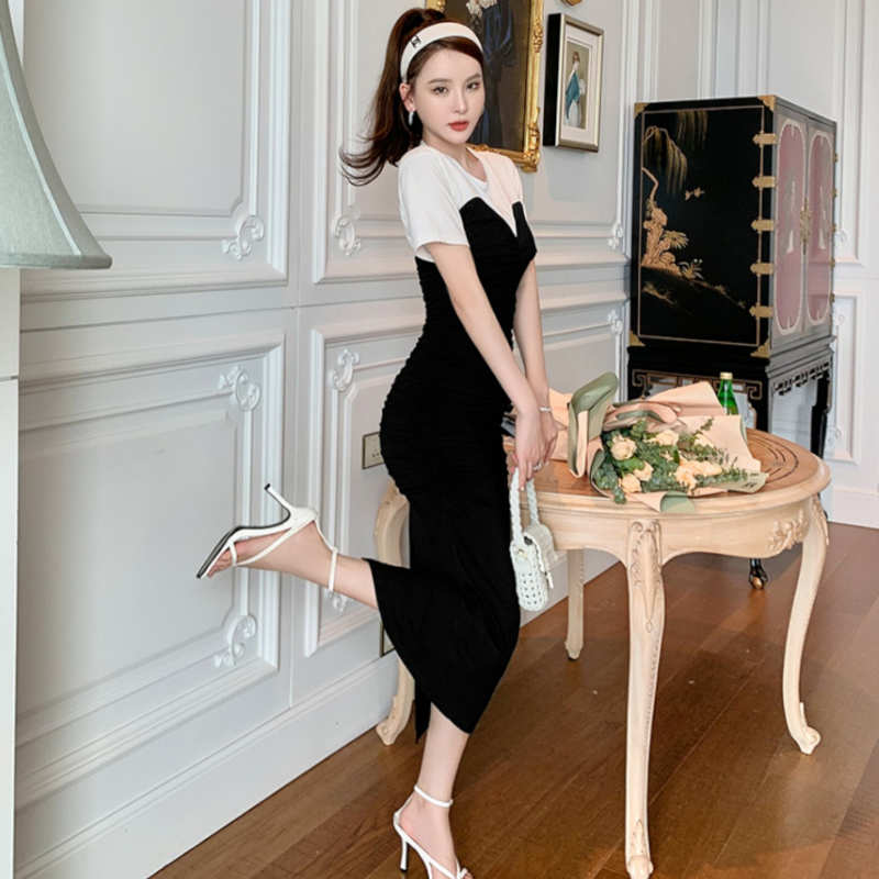 Tシャツコンビフロントギャザービスチェワンピース