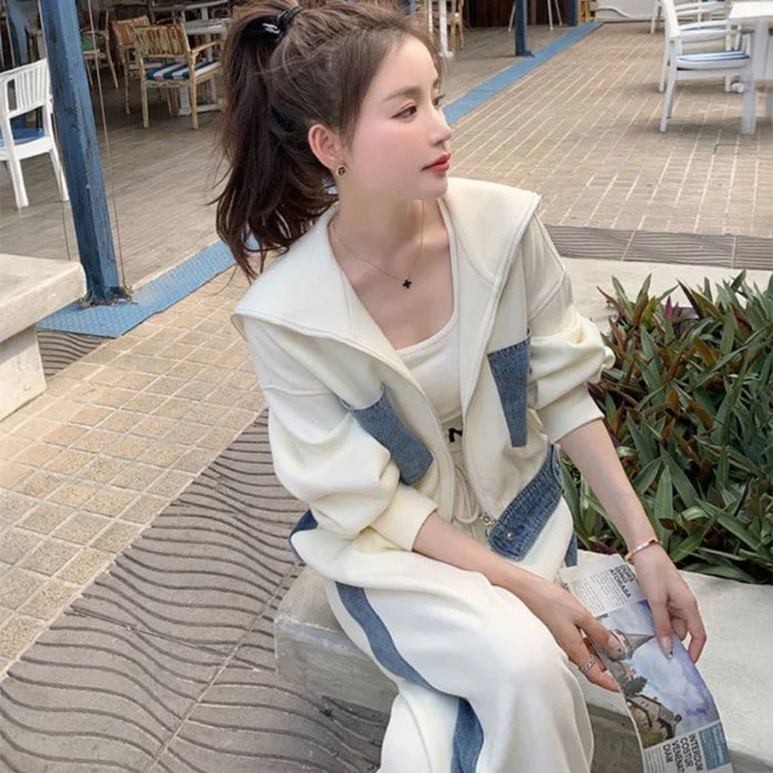 デニムパッチワークスウェットトップス×パンツ(2colors)