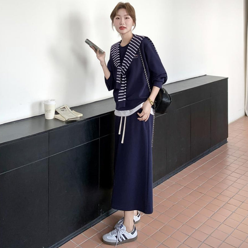 ボーダーショール付きスウェット×スカートセットアップ(2colors)