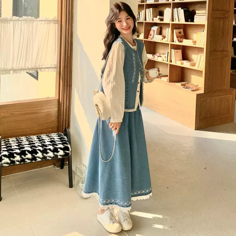 ホワイトブラウス×デニムベスト×スカートスリーピースセット