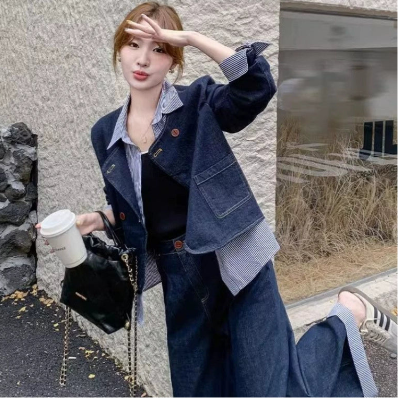 レイヤードデニムジャケット×ワイドデニムパンツセットアップ