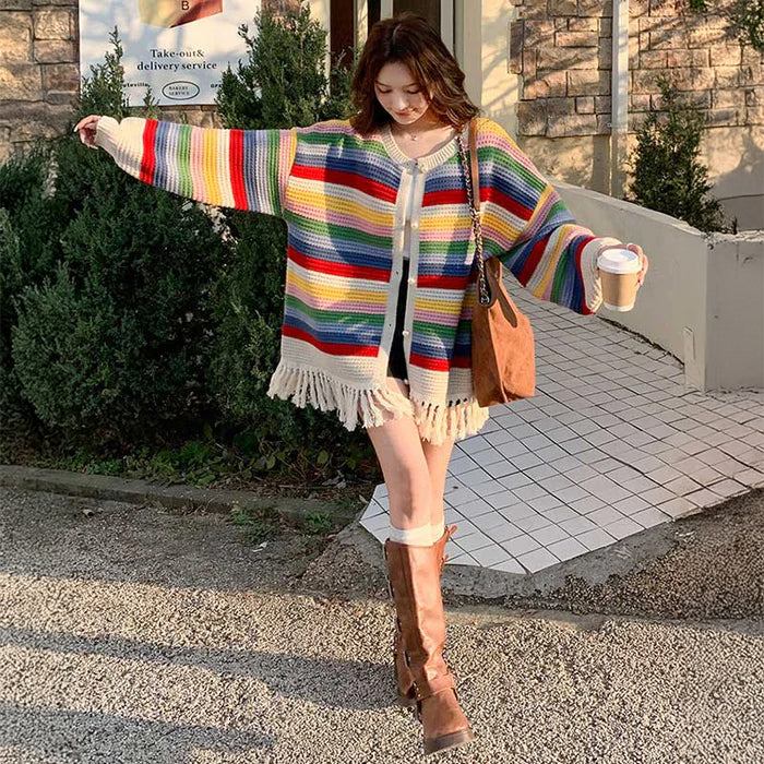 マルチボーダーフリンジカーディガン