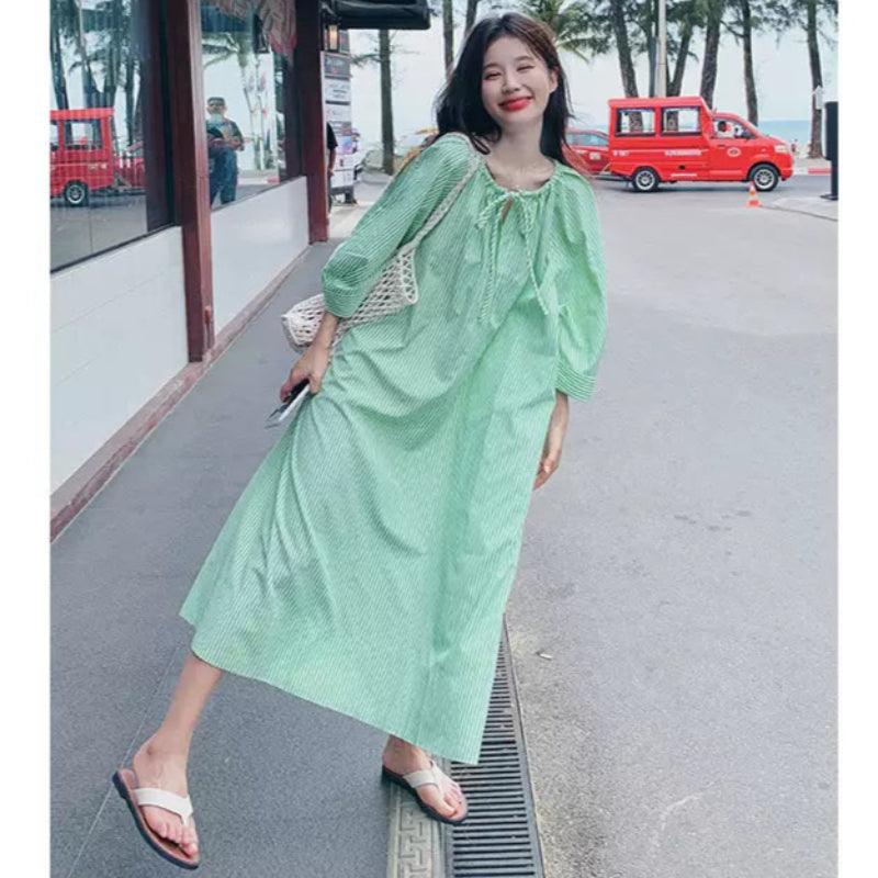 グリーンストライプシャツワンピース