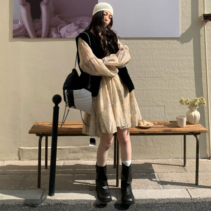 ベルベットベスト×フラワーワンピースコーデセット