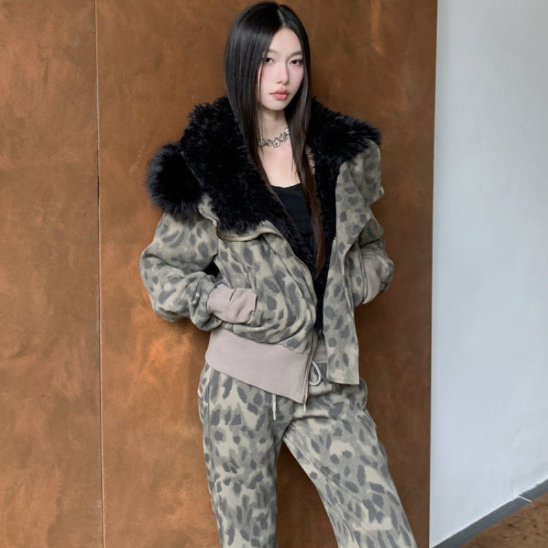 レオパードスウェットファーパーカー×パンツセット