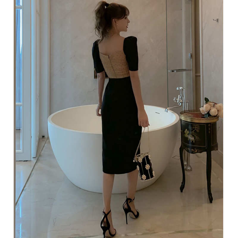 ドットチュールコンビスリットタイトワンピース