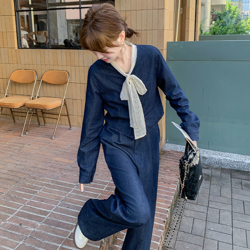 レースリボン付きデニムスーツジャケット×ワイドパンツ
