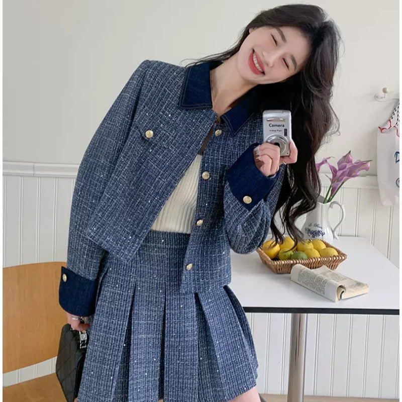 レトロブルージャケット×プリーツミニスカートセット