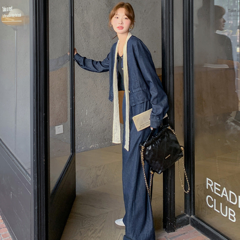 レースリボン付きデニムスーツジャケット×ワイドパンツ