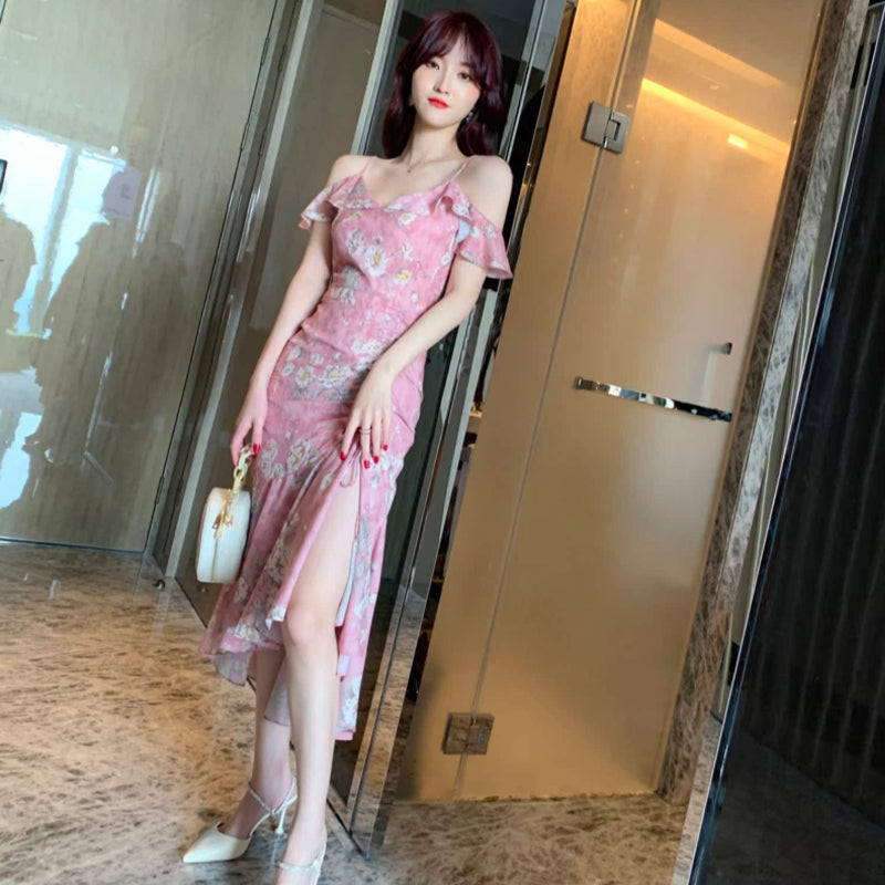 シフォンフラワープリントドレス