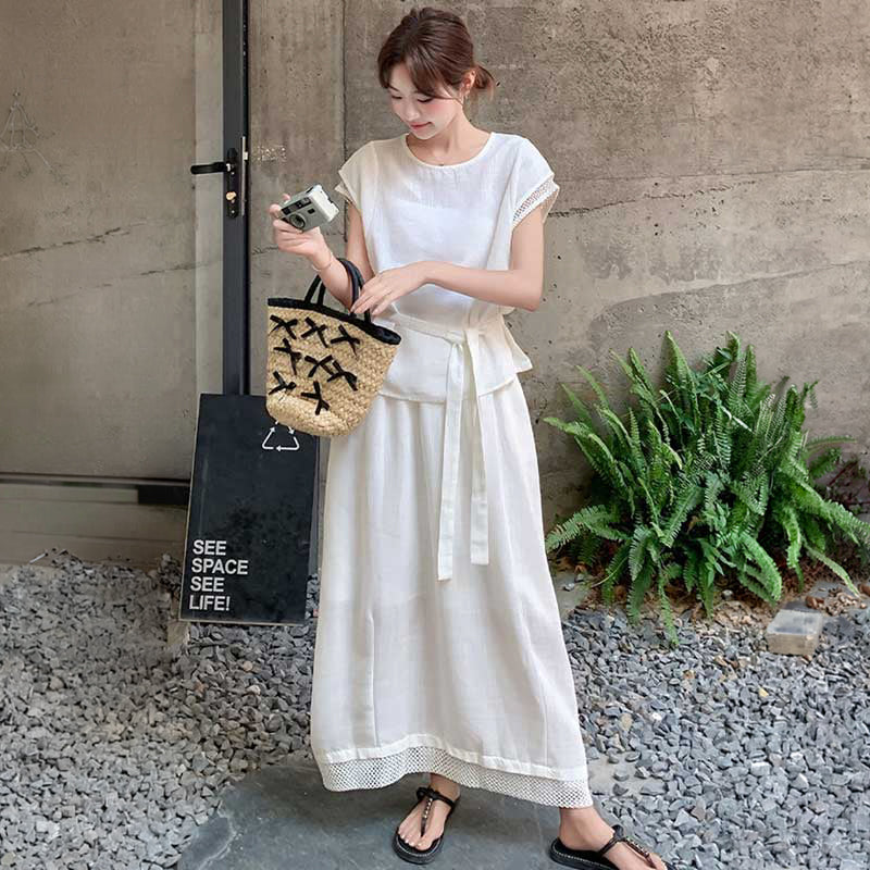 ウエストリボンブラウス×ロングスカート