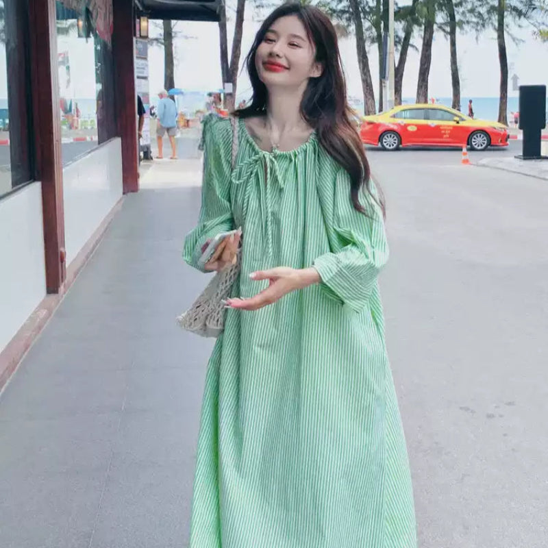 グリーンストライプシャツワンピース