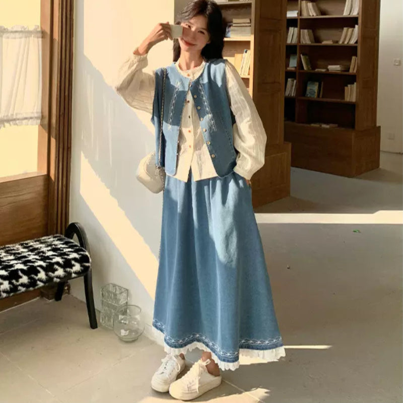 ホワイトブラウス×デニムベスト×スカートスリーピースセット