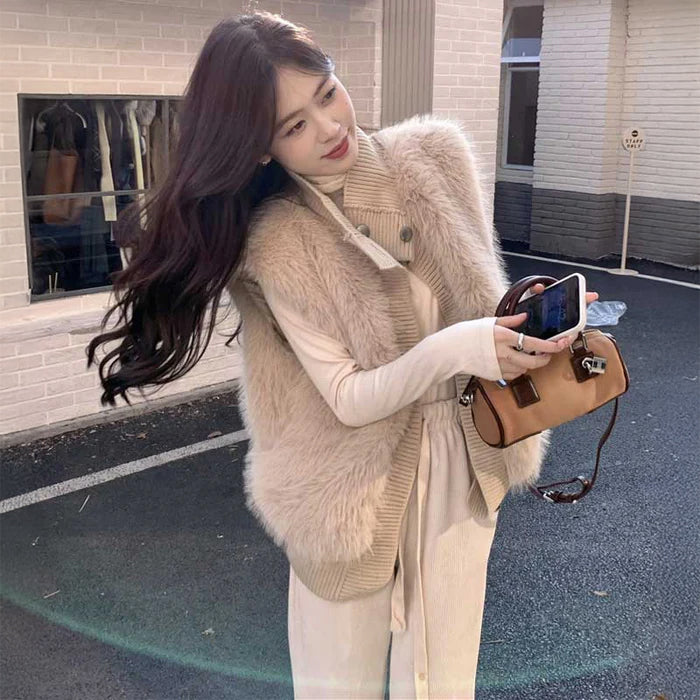 ファー切替ニットベスト(2colors)