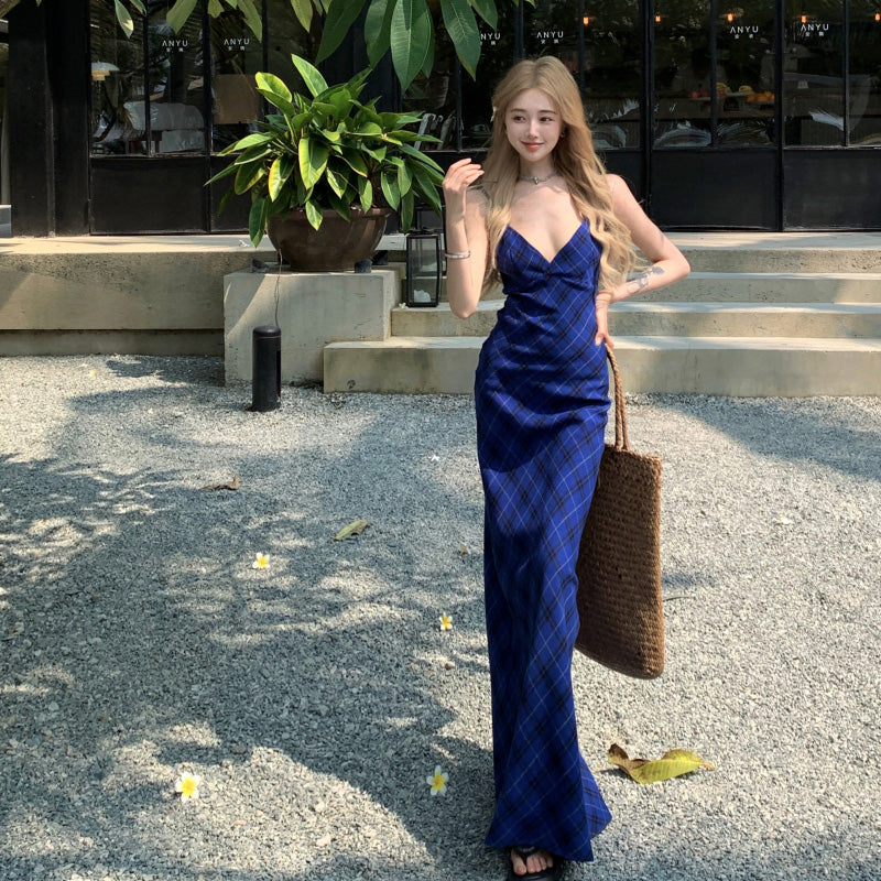 ブルーチェック Vネック バックレスキャミワンピース