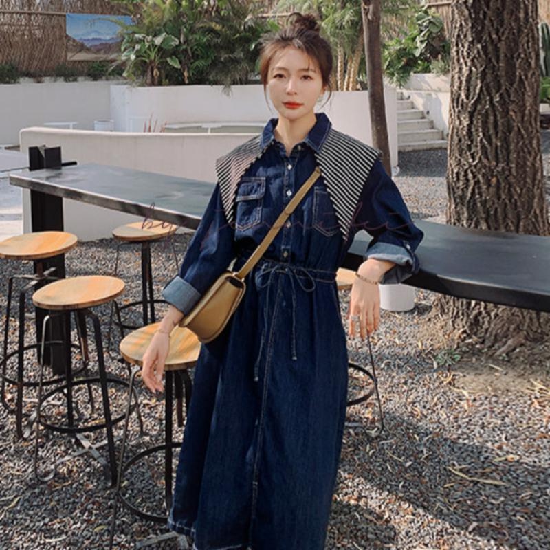 ストライプスカーフ付きデニムワンピース