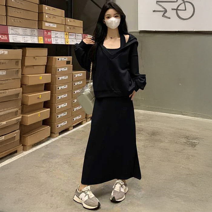 スウェットフーディー×ホルターネックワンピース(4colors)