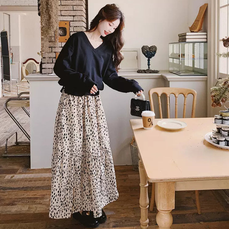 【即納】Vネックトップス×ダルメシアンスカートドッキングワンピース