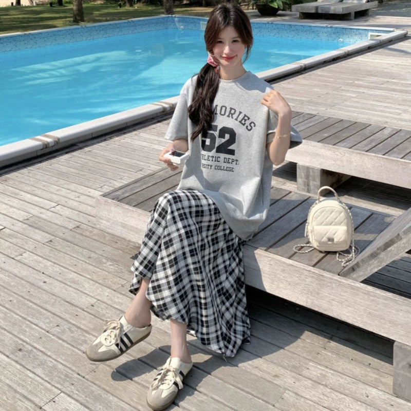 Tシャツ×チェックスカートドッキングワンピース