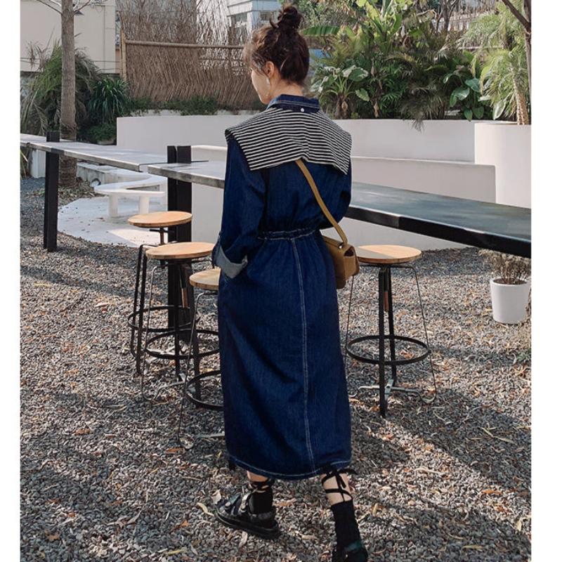 ストライプスカーフ付きデニムワンピース