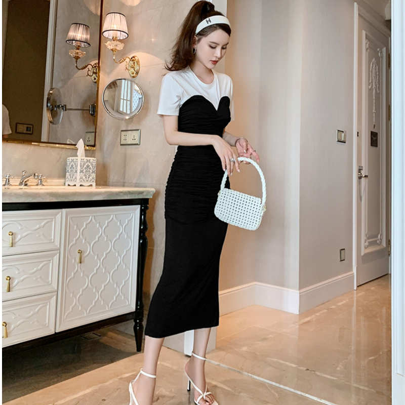 Tシャツコンビフロントギャザービスチェワンピース