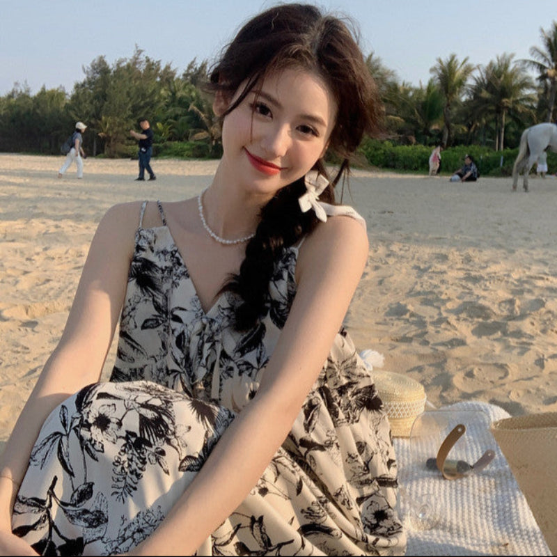 ダブルストラップボタニカルプリントワンピ