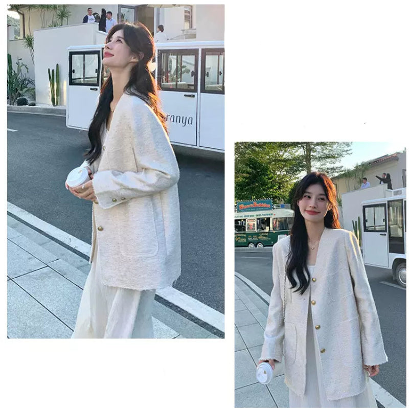 エレガントノーカラーツイードジャケット(3colors)