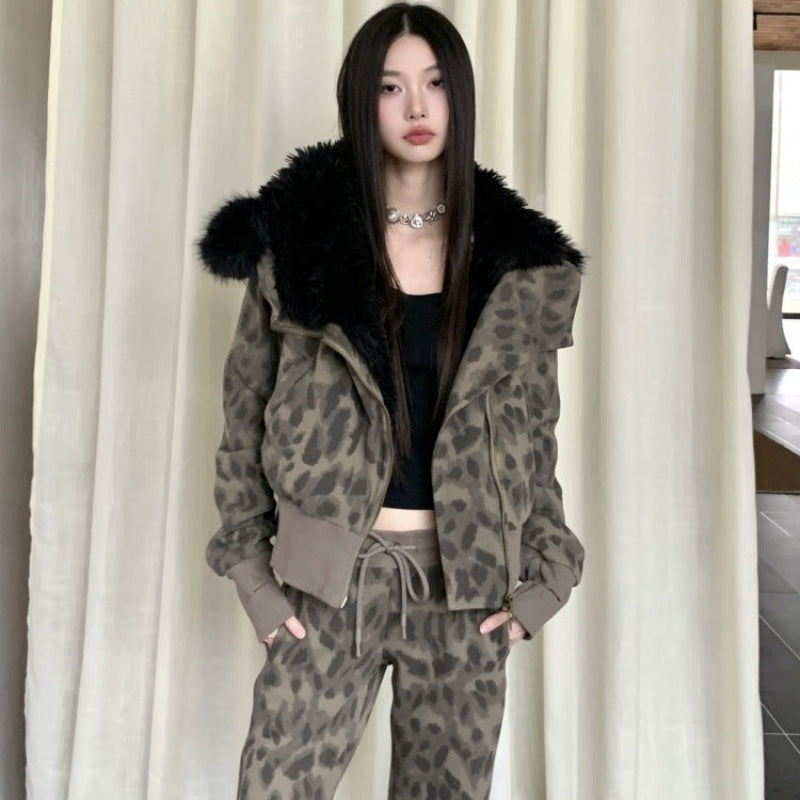 レオパードスウェットファーパーカー×パンツセット