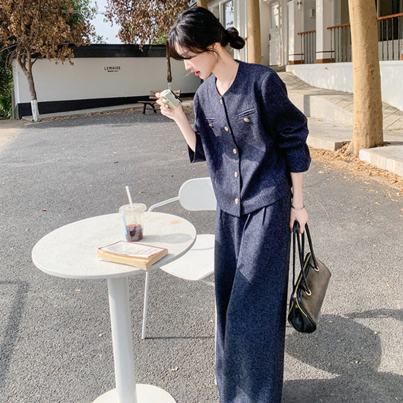 ノーカラージャケット×ワイドパンツセット