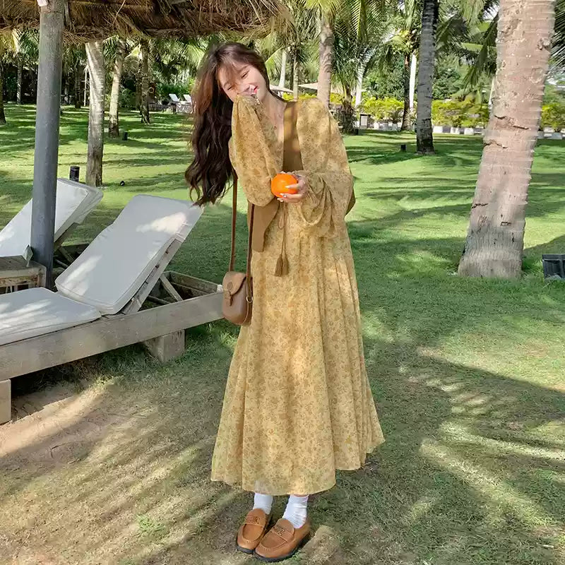 ♡変わったお洒落シフォンベスト♡着こなし♡ワンランク上のお洒落を♡ ベスト×フラワーシフォンワンピースセットアップ (黄・茶) 秋/冬/春