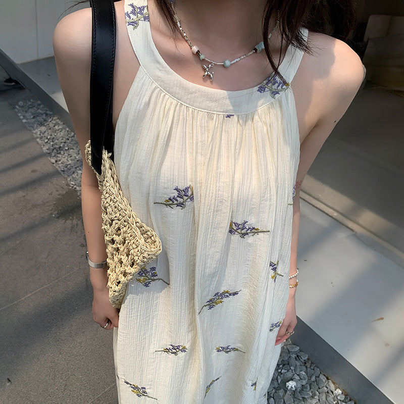 花柄刺繍ホルターロングワンピース