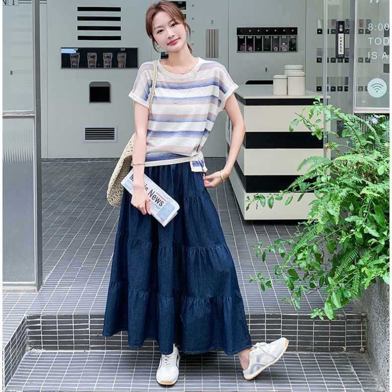 ボーダーTシャツ×デニムスカートセットアップ