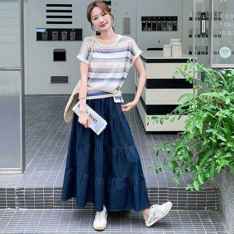 ボーダーTシャツ×デニムスカートセットアップ
