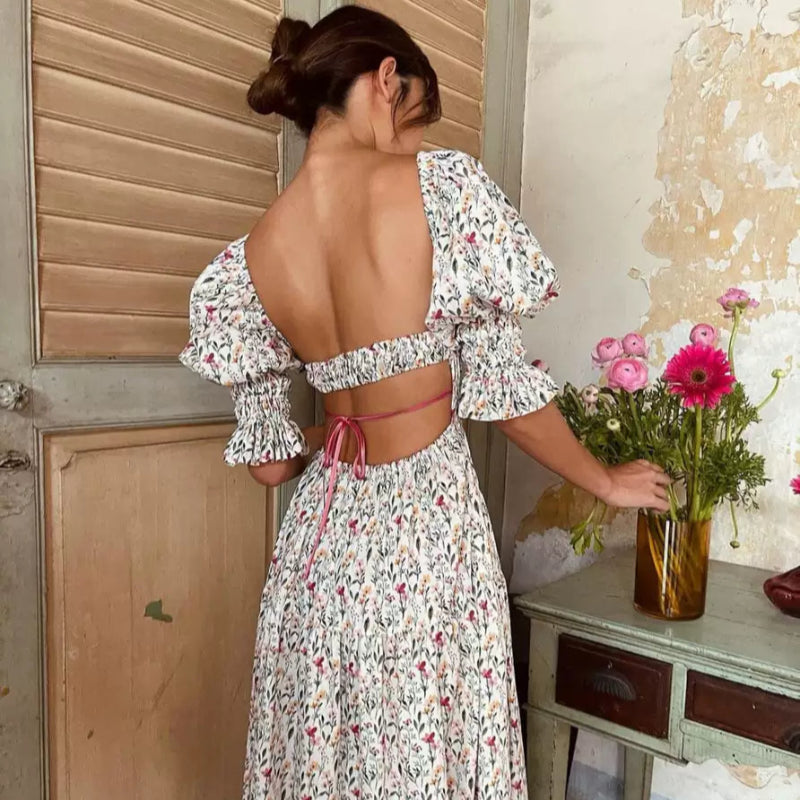 バックオープンフラワーロングワンピース