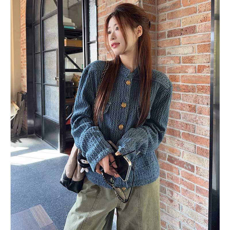 デニム風ノーカラージャケット