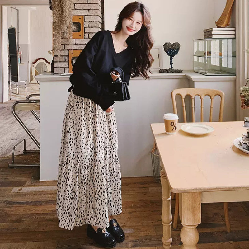 【即納】Vネックトップス×ダルメシアンスカートドッキングワンピース