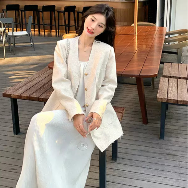 エレガントノーカラーツイードジャケット(3colors)