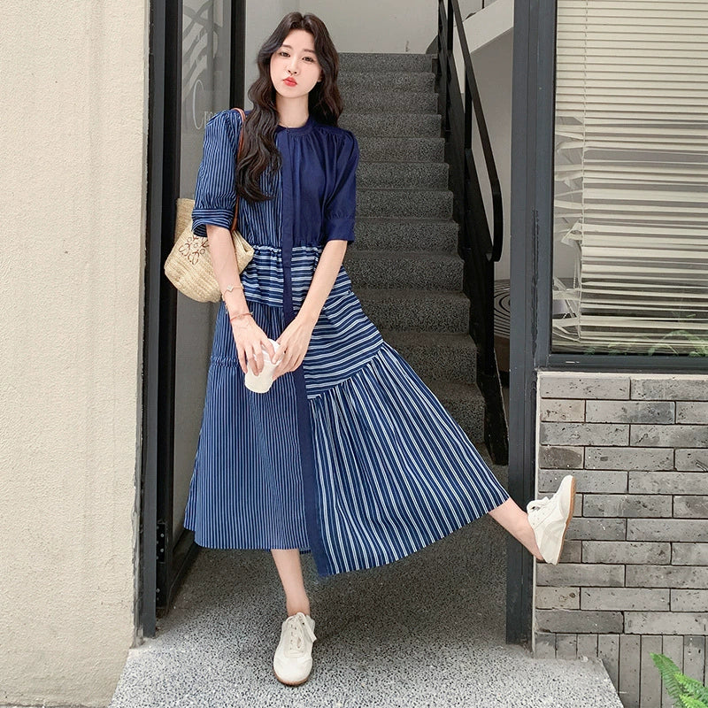 【美品】レッドバレンティノ　ワンピース　ボーダー　ネイビー　濃紺 パッチワークネイビーワンピース（紺）夏/秋/春 デニム調のおしゃれな
