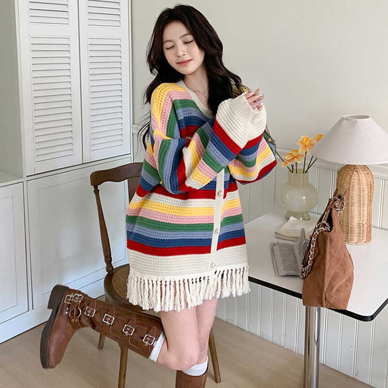 マルチボーダーフリンジカーディガン