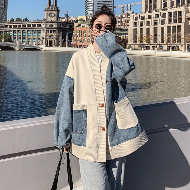 異素材MIXデザインニット×デニムジャケット