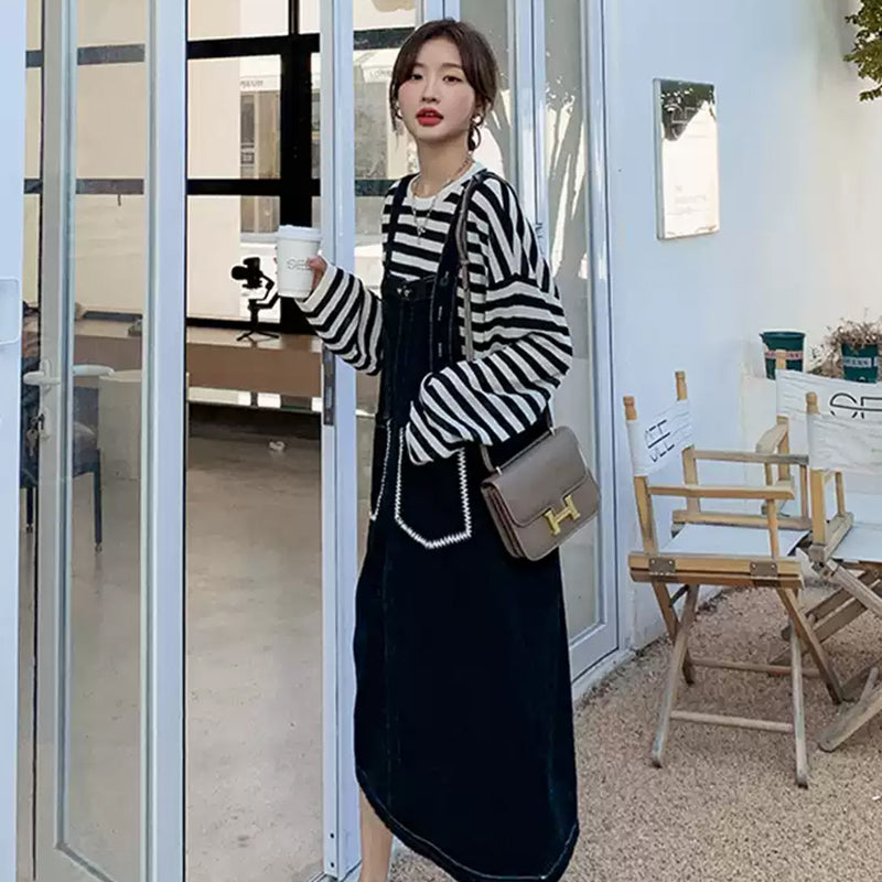 カジュアルボーダートップス×デニムサロペットワンピースセット