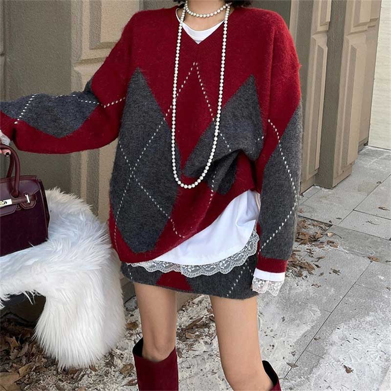 アーガイル柄ニットセットアップ(2colors)