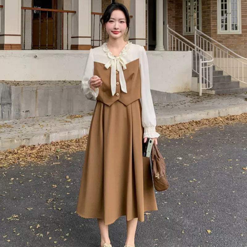 フリルブラウスレイヤードワンピース（白・茶）春/秋 ヴィンテージっ