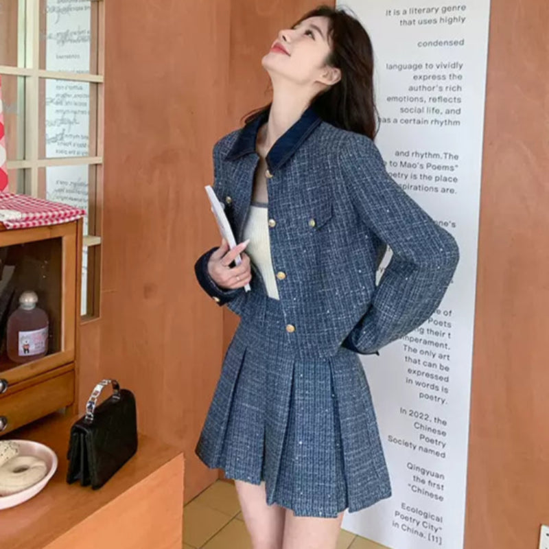 レトロブルージャケット×プリーツミニスカートセット