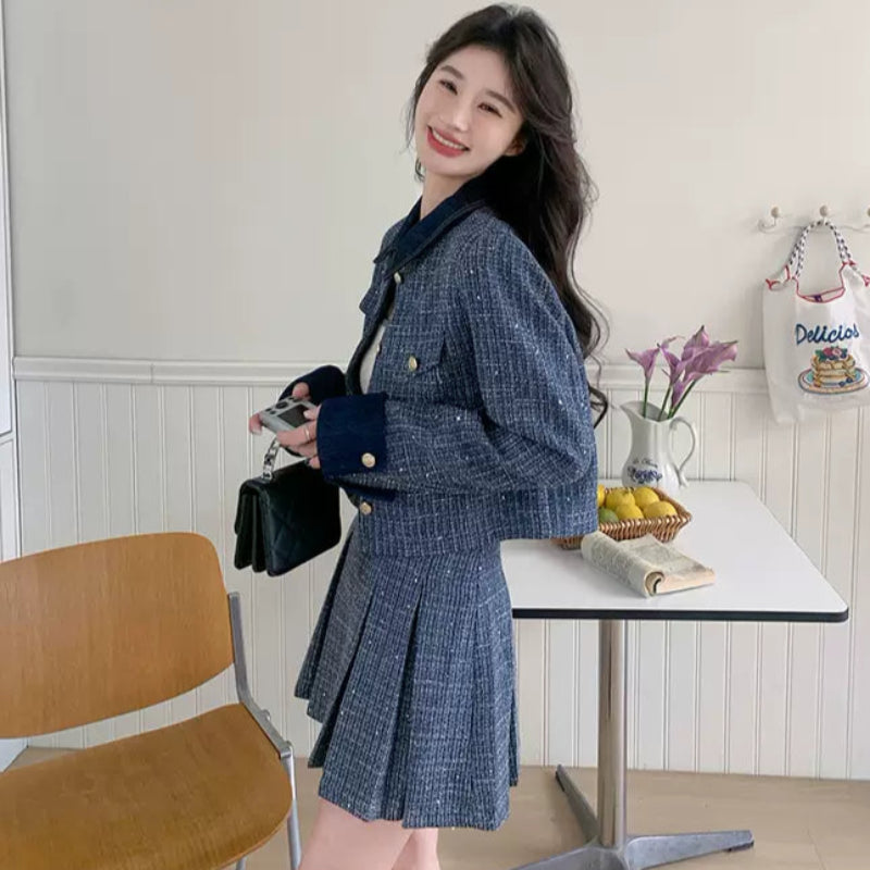 レトロブルージャケット×プリーツミニスカートセット